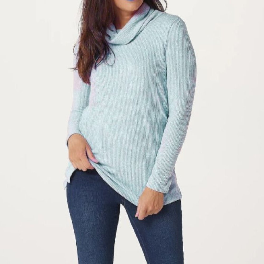 Lisa Rinna Collection Cowl Neck Sweater Top Sz XS Tunic Ribbed Blue Fog A385020